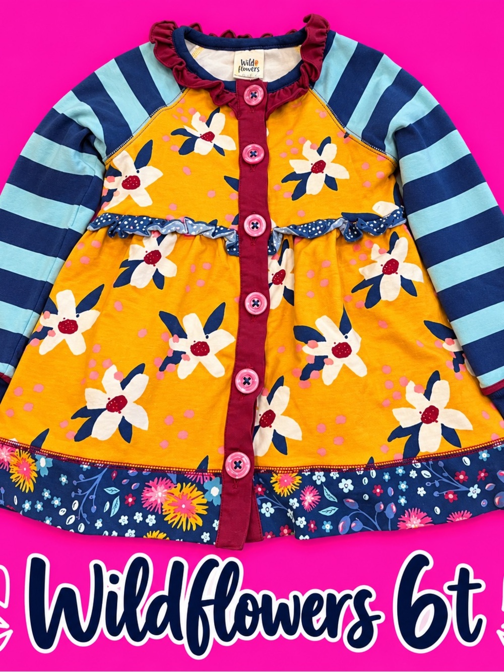 Wildflowers Yellow Floral Button Front Dress with Navy Stripes 6t